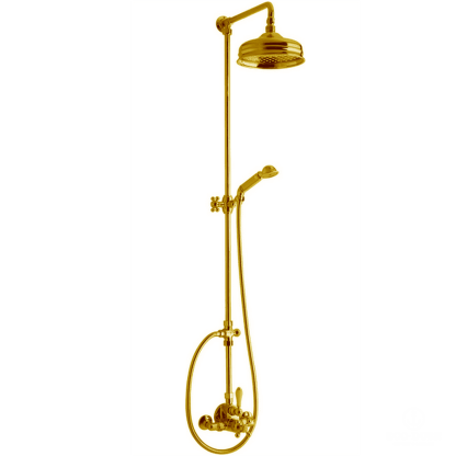 CISAL Arcana Душевой комплект: термостатический смеситель, стойка с верхним душем, лейка+шланг, цвет: золото