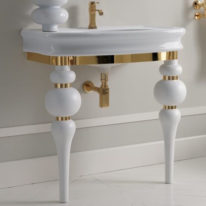 3SC Consolle Консоль Via Veneto 70х52хh96см, с раковиной LA11 и сифоном, напольная, цвет: белый матовый/золото 24к. Lucido