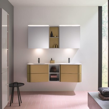 BurgBad Badu База подвесная с двойным умыв. из минер литья 152х51х49.2см, 4 ящика, 1полка, 2 отв под смеситель, цвет: серый/глянец/Gold