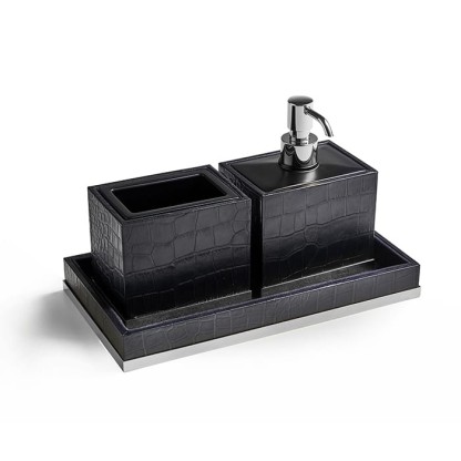 3SC Cocco Комплект: стакан, дозатор и лоток, отделка: черная кожа, цвет: хром