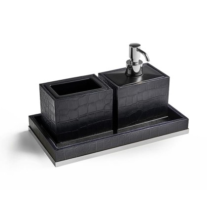 3SC Cocco Комплект: стакан, дозатор и лоток, отделка: черная кожа, цвет: хром