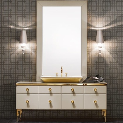 VITAGE milldue edition MAJESTIC Комплект мебели с базой 180см, раковиной NIZZA, зеркалом GINEVRA и светильниками,  напольная, ручки золото Цвет: mandorla-13/золото