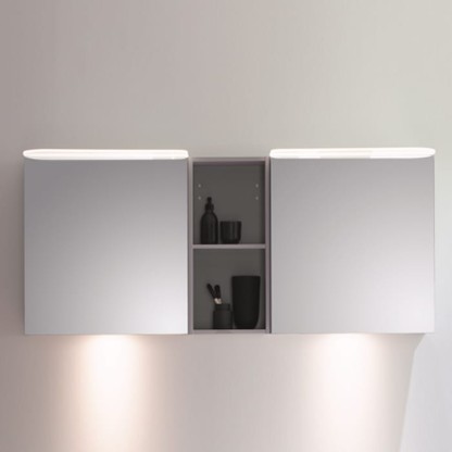 BurgBad Badu Зеркальный шкаф 150х31х66.5см, 2 светильника,2 выкл, 2 зерк двери, стойка с 1 полкой, стекл полки, подсветка мойки, цвет: лен серый.