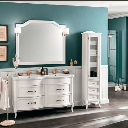 EBAN Rachele Комплект мебели с Базой под раковину доводчики Blum, с двойной раковиной и зеркалом со светильником, ручки золото, 140 см, напольный, Цвет: BIANCO ASSOLUTO