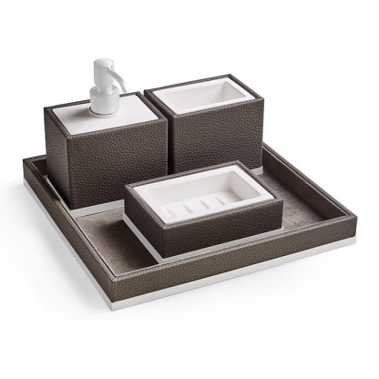 3SC Milano Комплект: стакан, дозатор, мыльница, лоток, цвет: коричневая эко-кожа/белый матовый