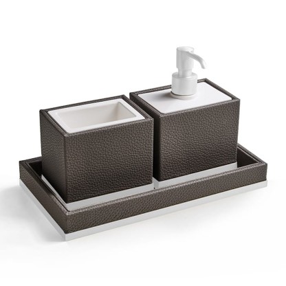 3SC Milano Комплект: стакан, дозатор, лоток, цвет: коричневая эко-кожа/белый матовый