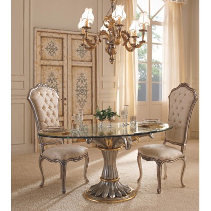 Стекляный столовый стол с ножкой в виде цветка и два стула Giorno